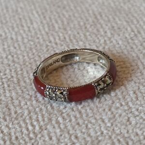 Sterling Silver 925 Carnelian & Marcasite Band Ring – Size 7
